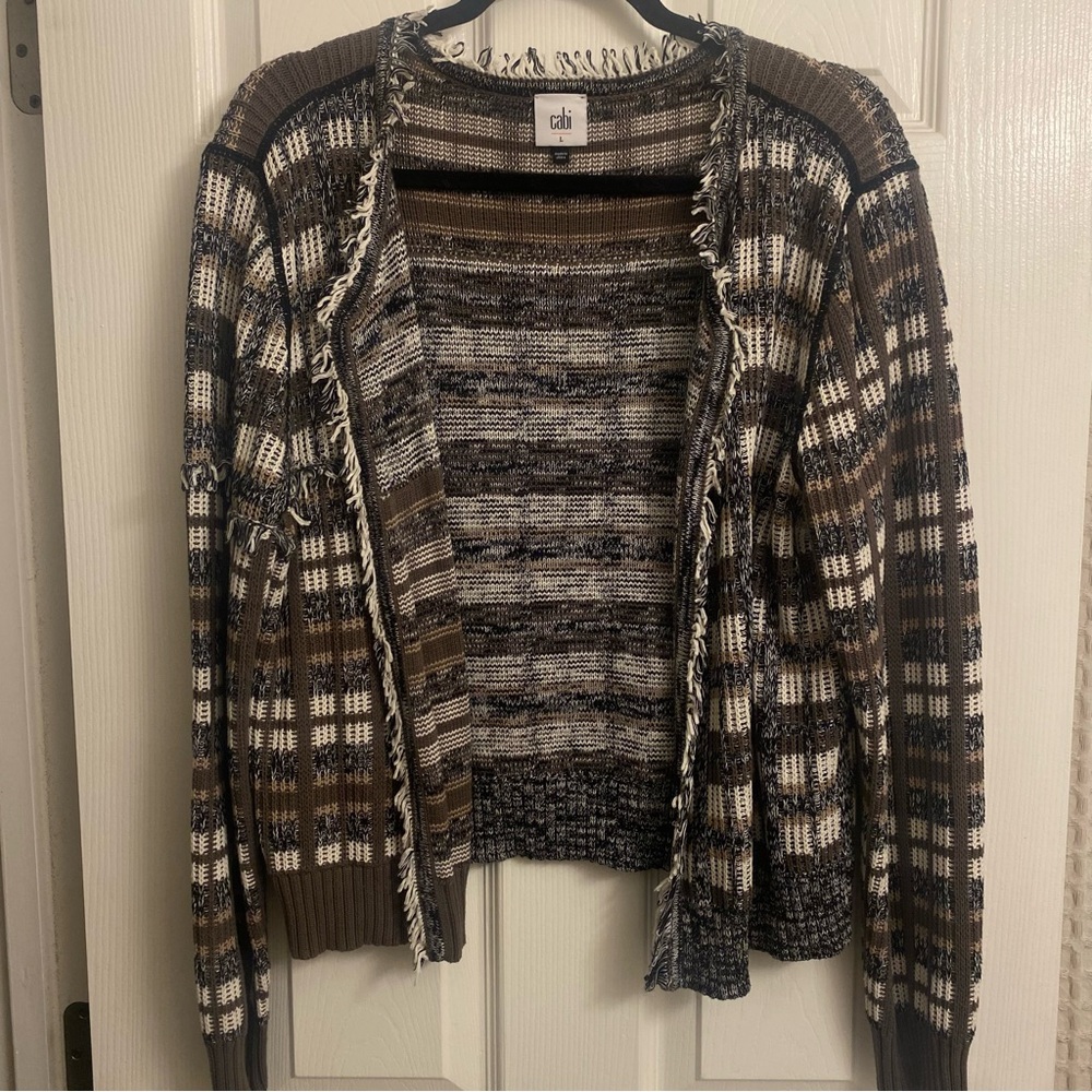 Cabi Fringe Plaid Cardigan
